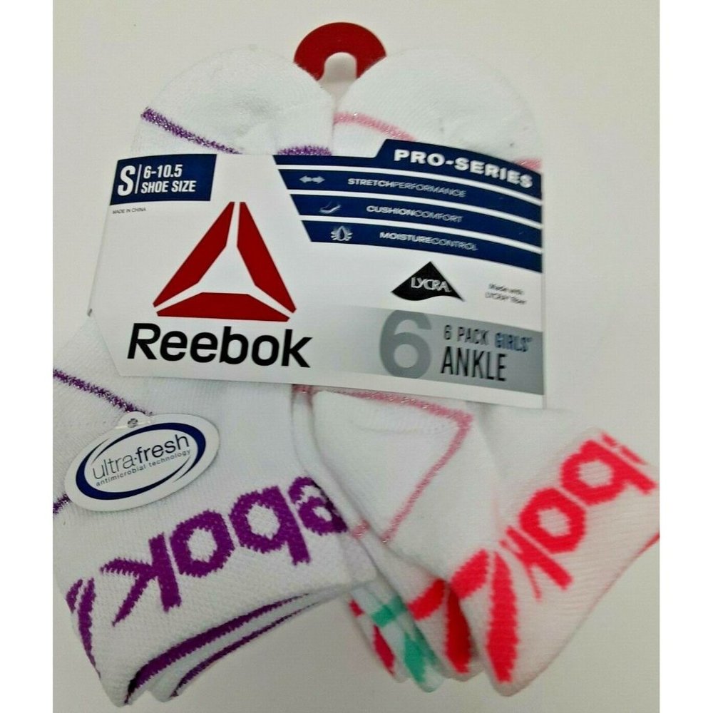 Reebok Girls Pro-Series Ankle Socks‎ 6-Pack Size Small Fits Shoe Size 6 - 10.5
